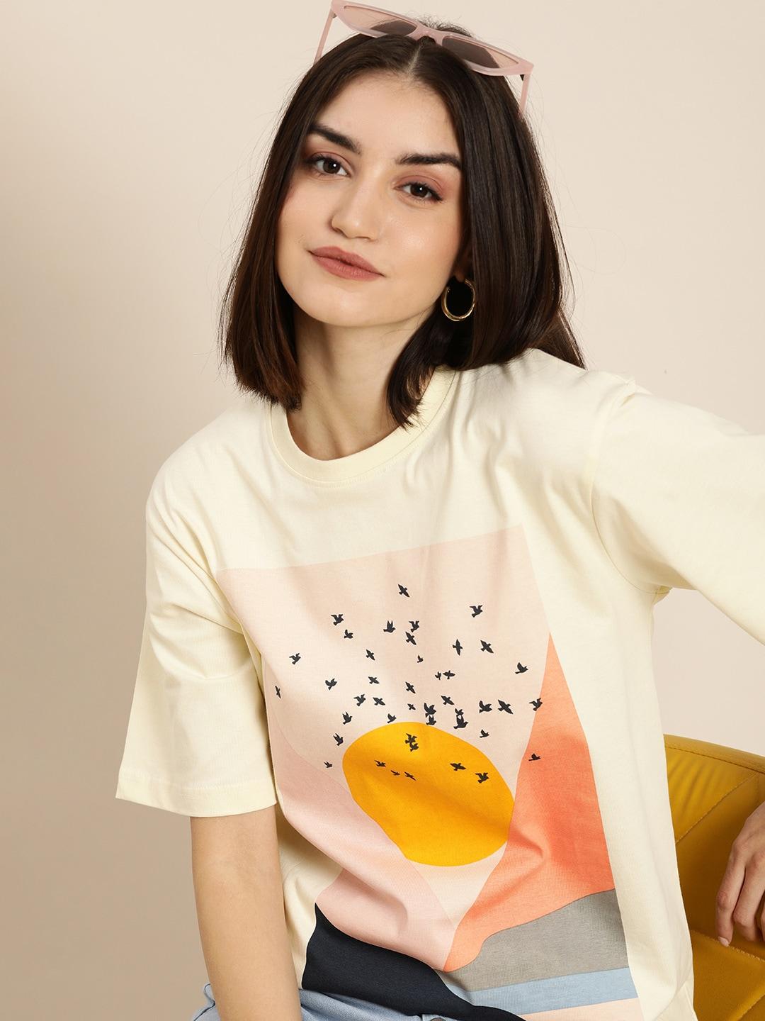 DILLINGER Women Cream-Coloured Printed Cotton Oversized Pure Cotton T-shirt