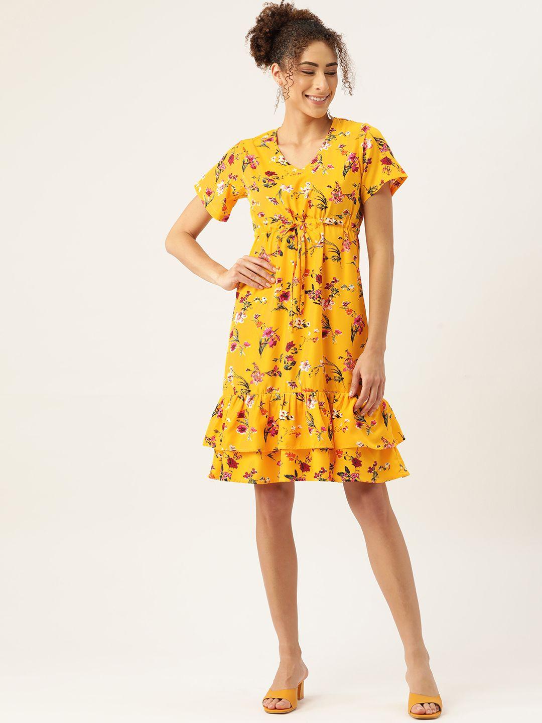 WISSTLER Yellow Floral Crepe A-Line Dress