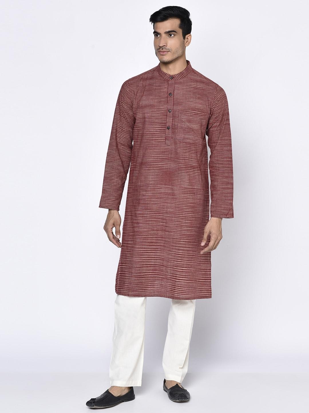 fabindia-men-maroon-&-cream-coloured-cotton-striped-straight-kurta