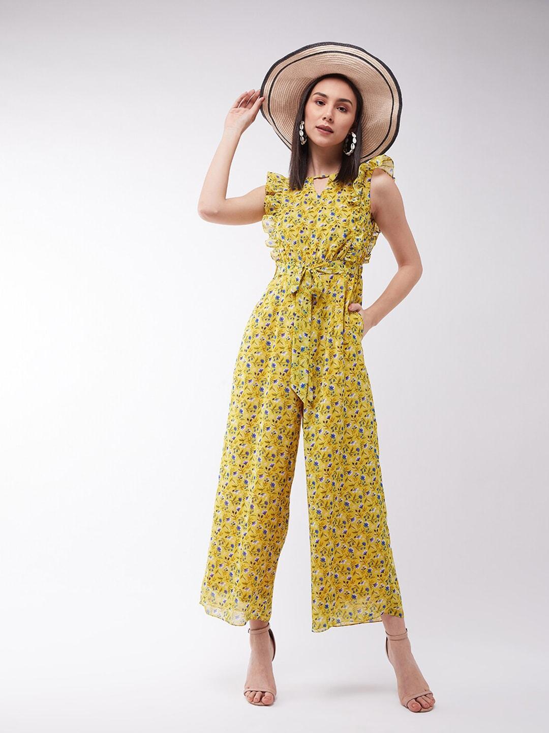 Miss Chase Yellow & Blue Floral Print Basic Jumpsuit with Ruffles