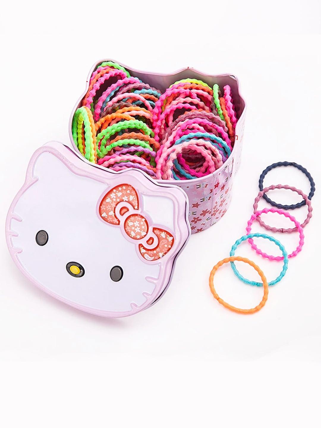 Yellow Chimes Girls Set of 100 Pcs Holders Neon Colors with Kitty Tin Storage Box