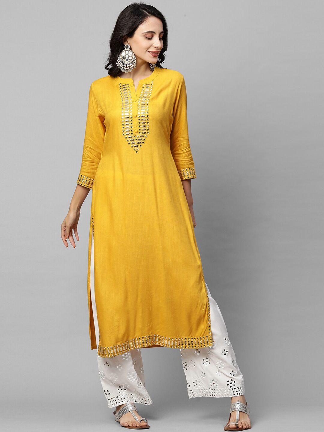 fashor-women-mustard-yellow-yoke-design-kurta