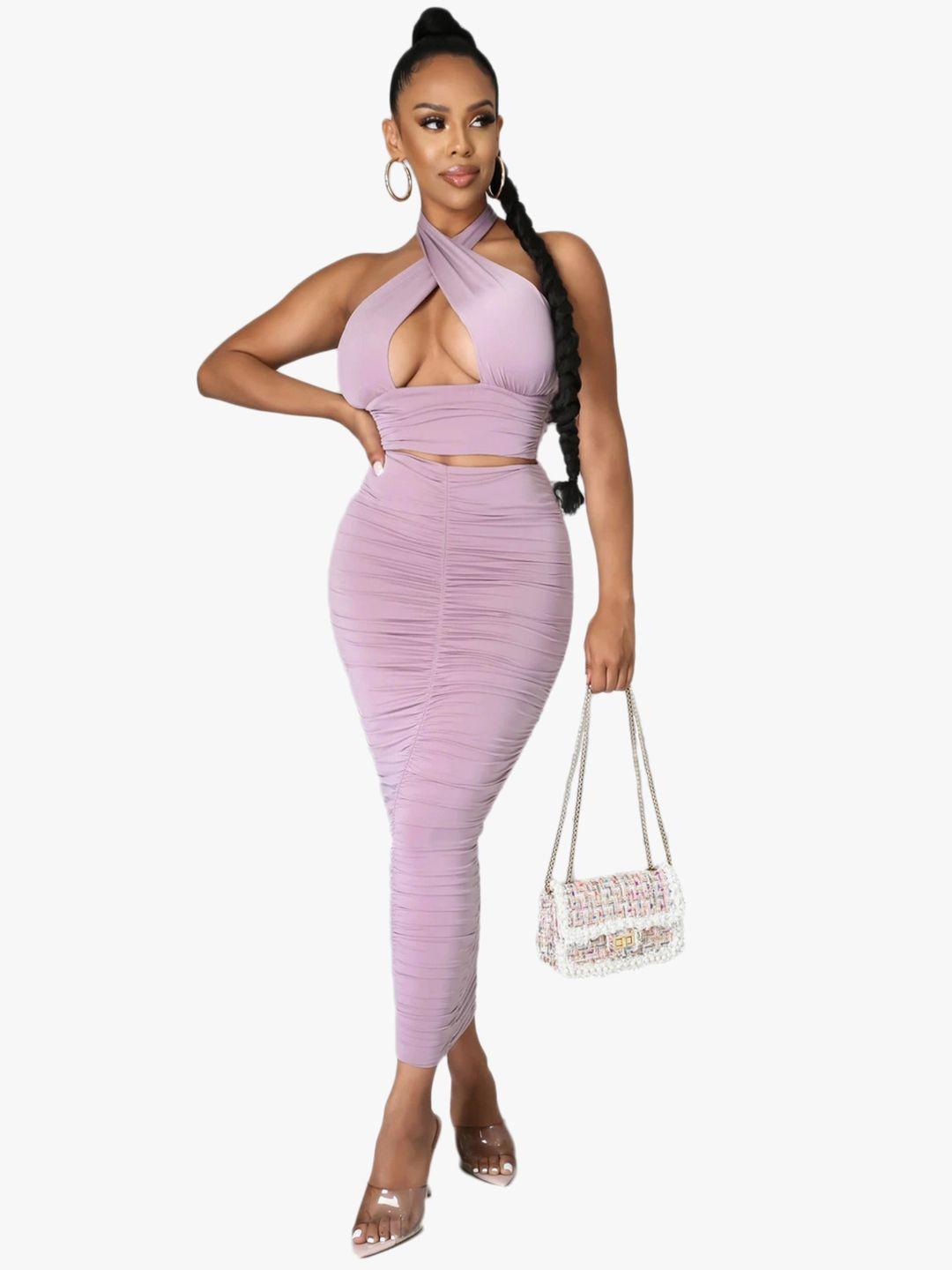 urbanic-lavender-solid-halter-neck-top-with-ruched-maxi-skirt