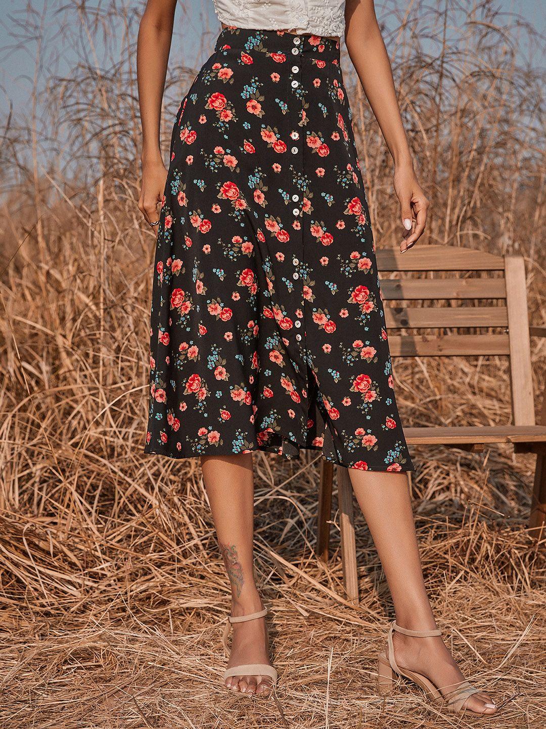 urbanic-women-black-&-red-floral-printed-a-line-midi-skirt