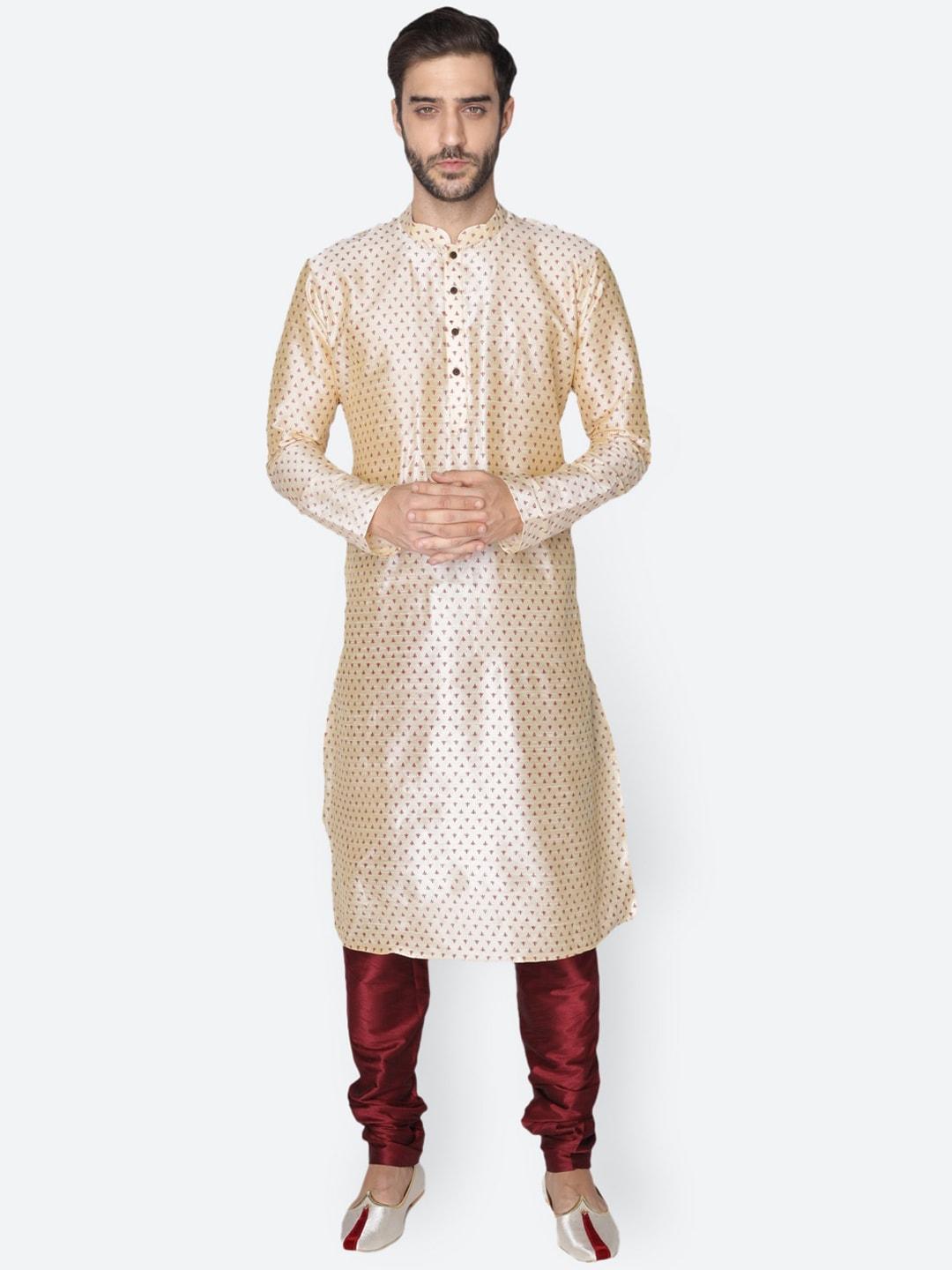 namaskar-men-beige-&-red-dupion-silk-ethnic-motifs-printed-kurta