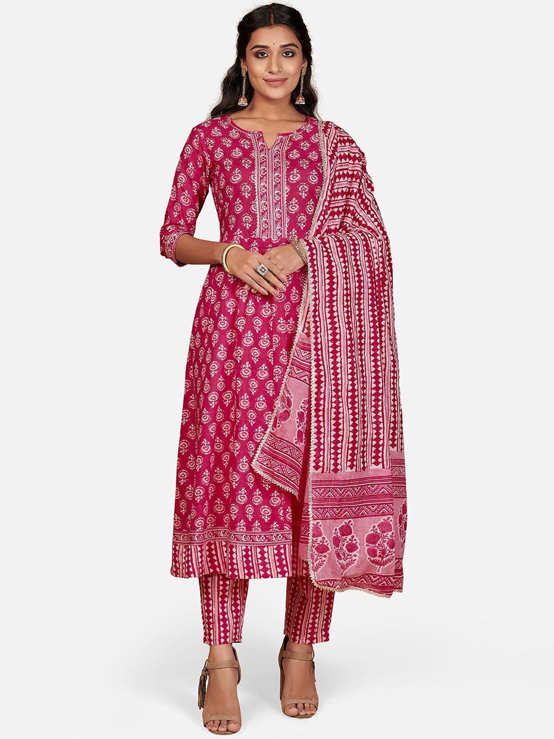 Vbuyz Women Pink Printed Regular Pure Cotton Kurta with Trousers & Dupatta