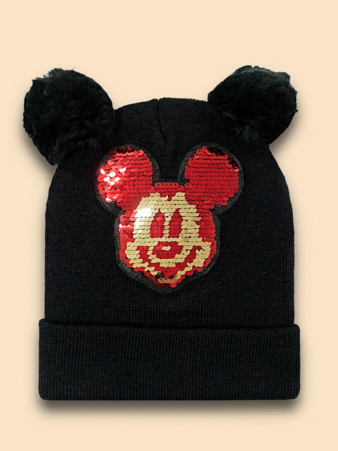 Kids Ville Girls Black & Red Mickey & Friends Embroidered Beanie