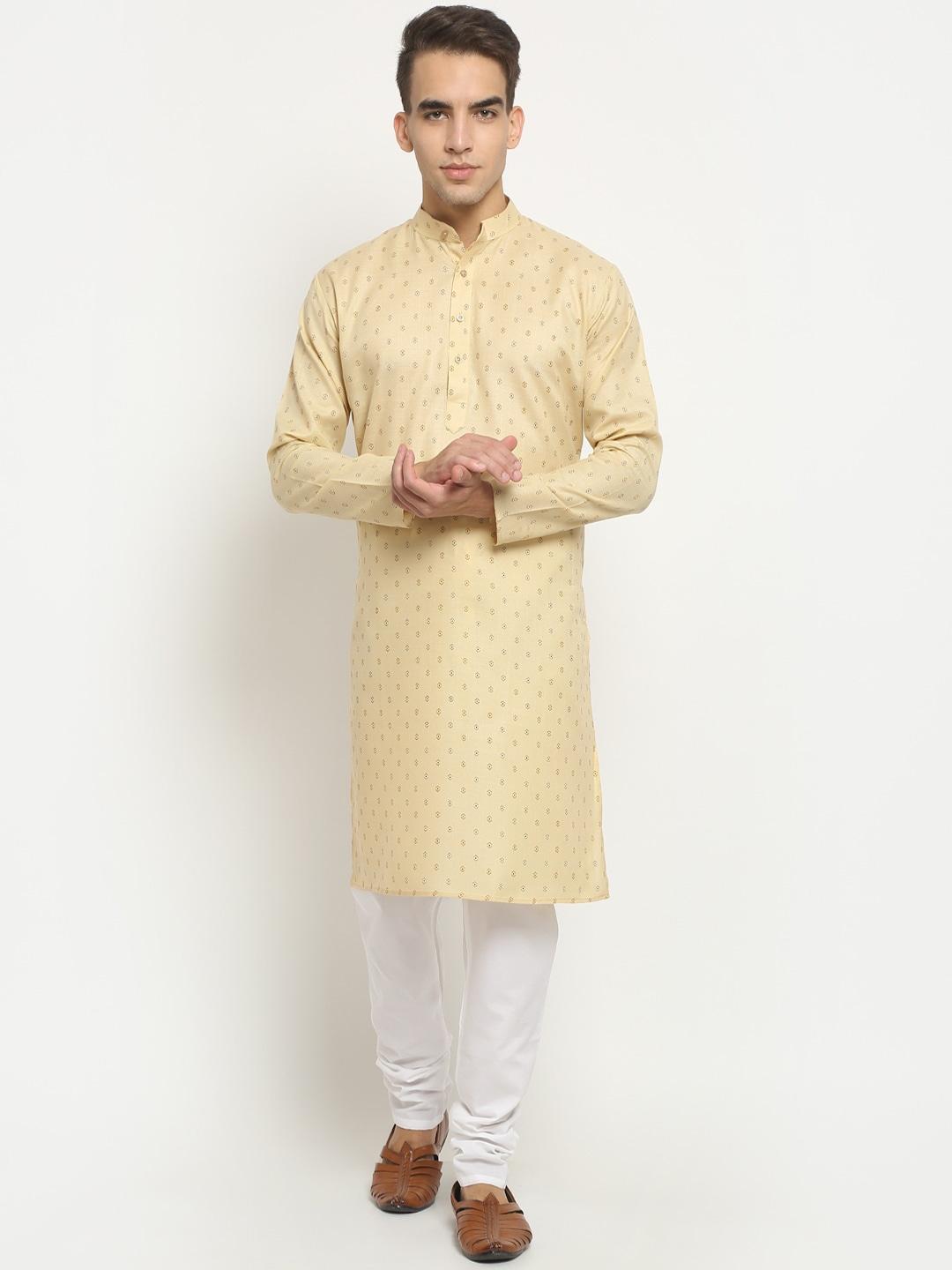 neudis-men-beige-&-white-printed-layered-pure-cotton-kurta-with-churidar