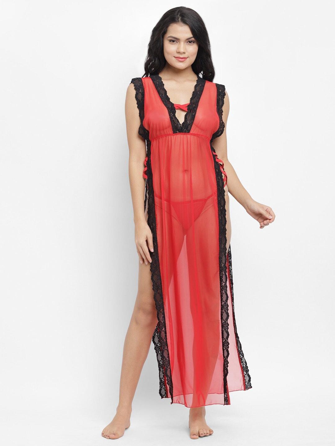 N-Gal Red & Black Maxi Sheer Lace Both Side Slit Bridal Nightdress