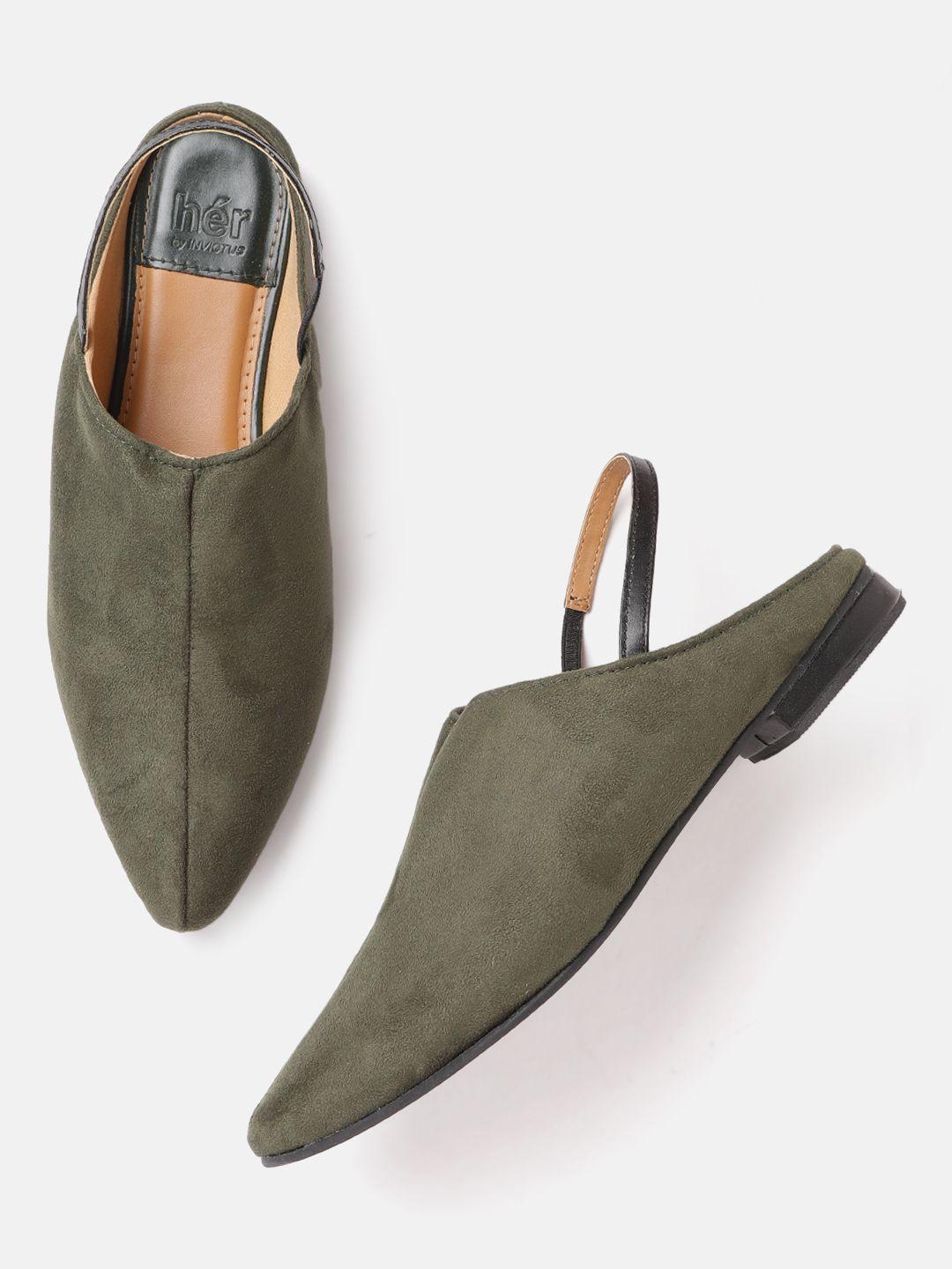 her by invictus Women Olive Green Solid Mules