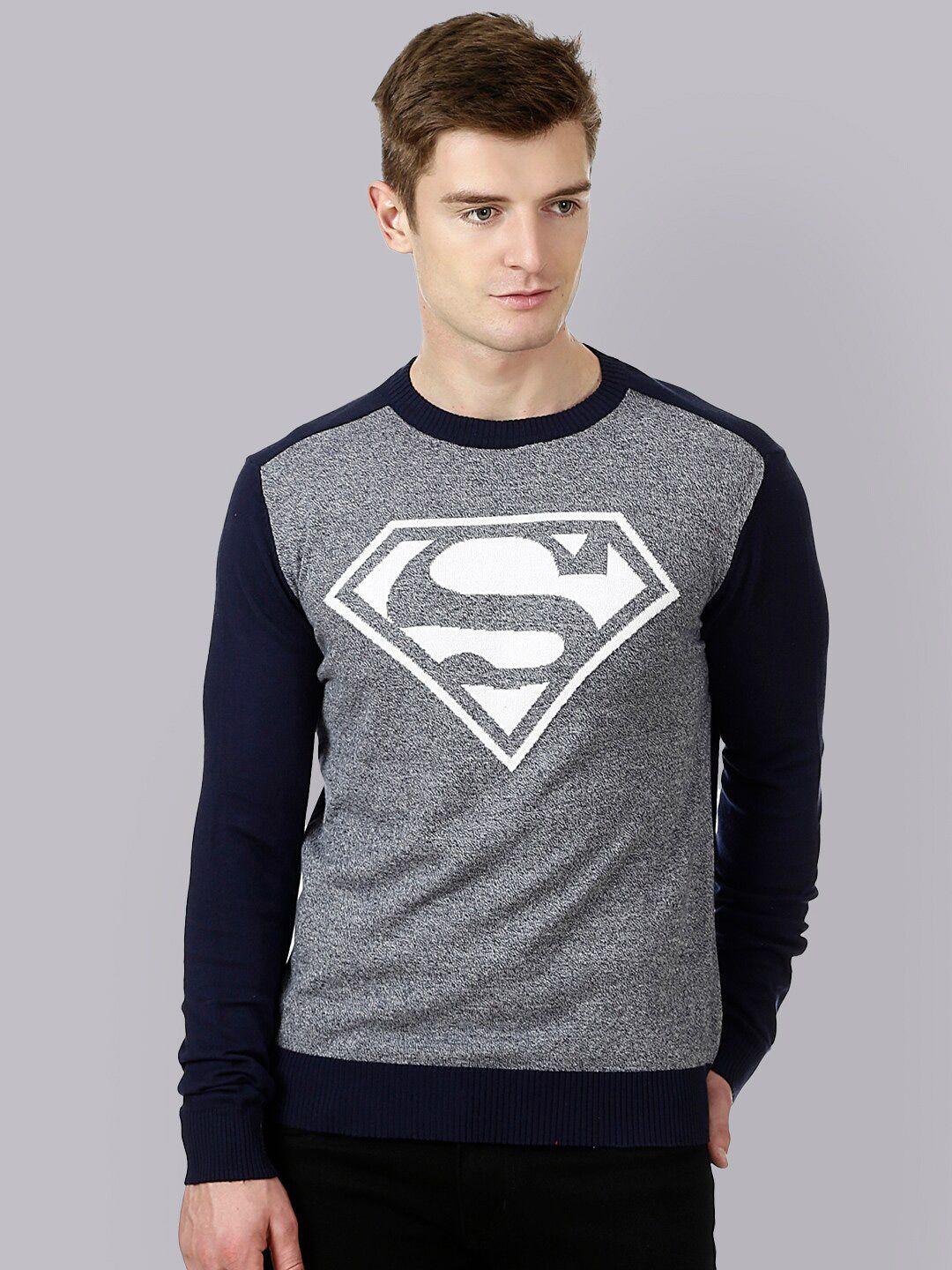 free-authority-men-navy-blue-&-grey-superhero-superman-printed-pullover-sweater