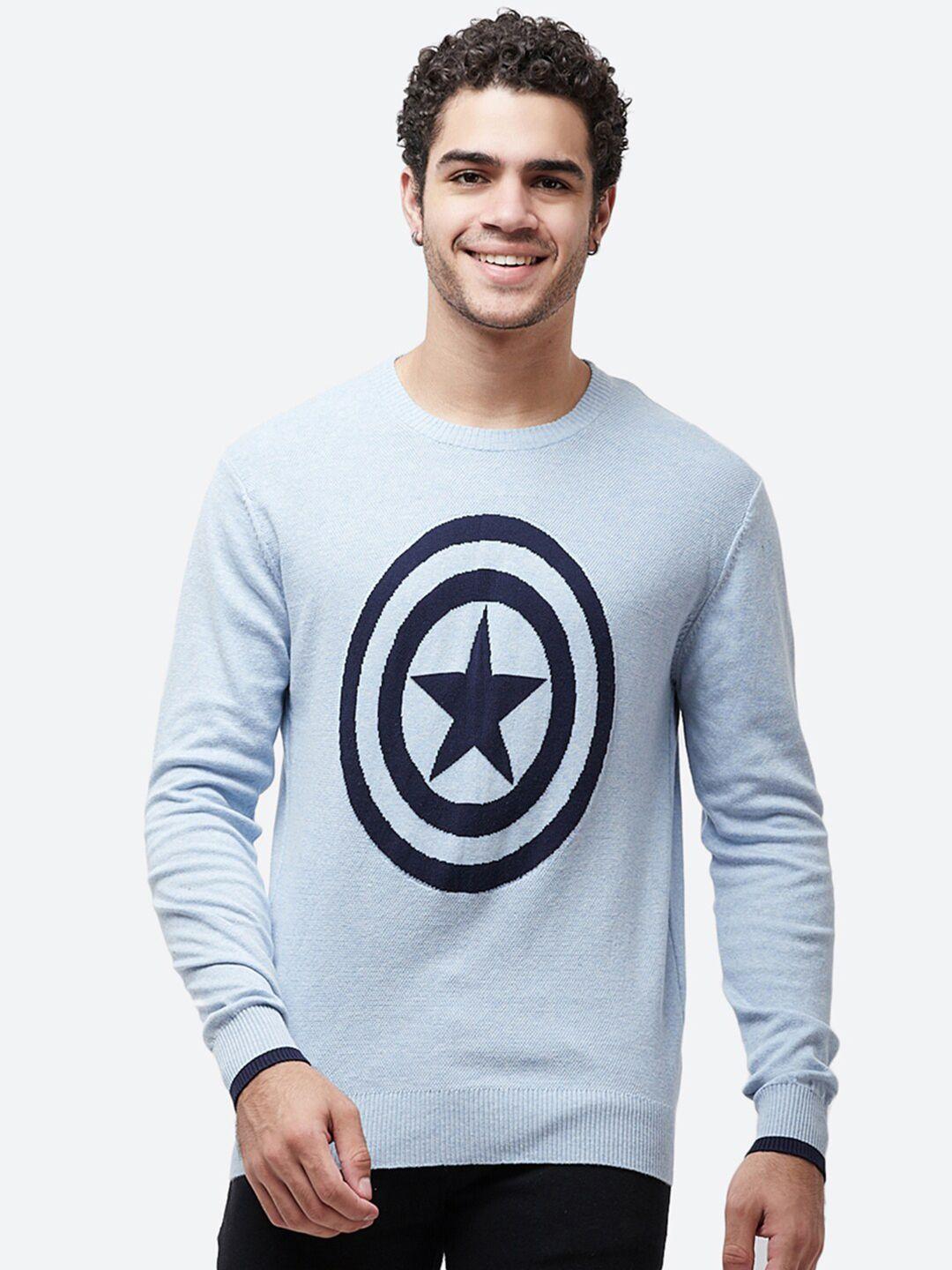 free-authority-men-blue-captain-america-logo-printed-pure-cotton-pullover-sweater