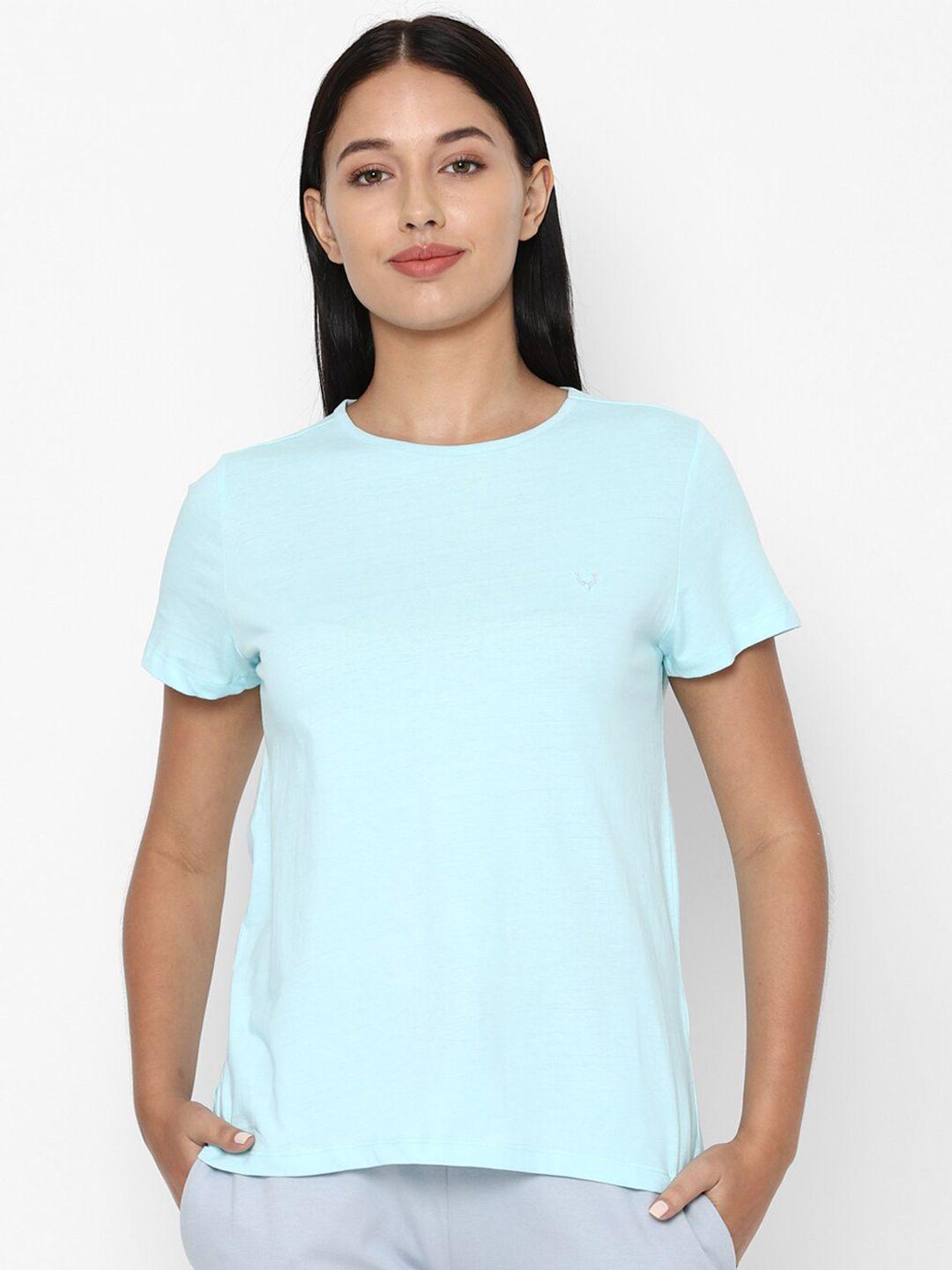 Allen Solly Woman  Blue Solid Pure Cotton T-shirt