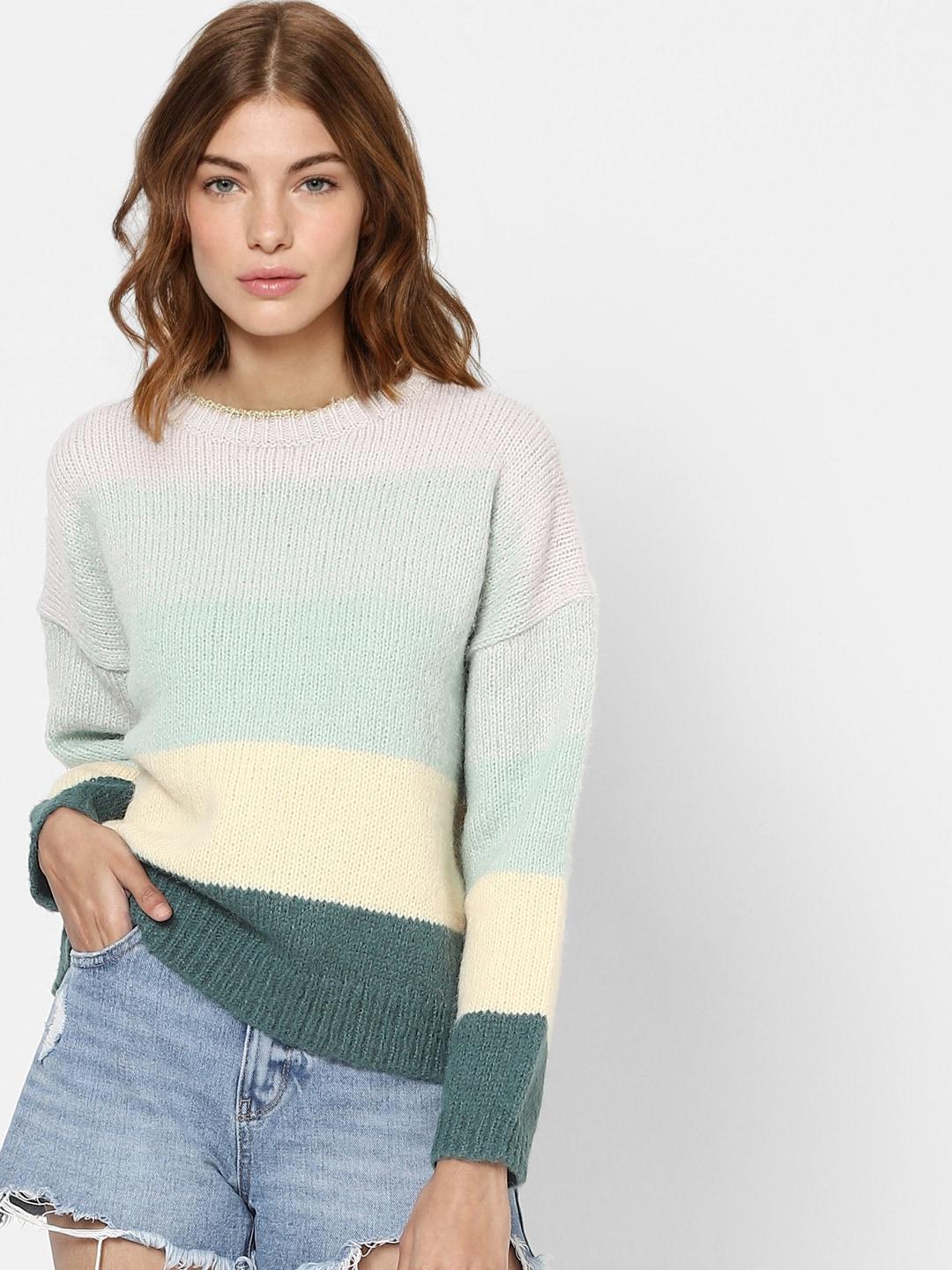 ONLY Women Green & Pink Colourblocked Pullover