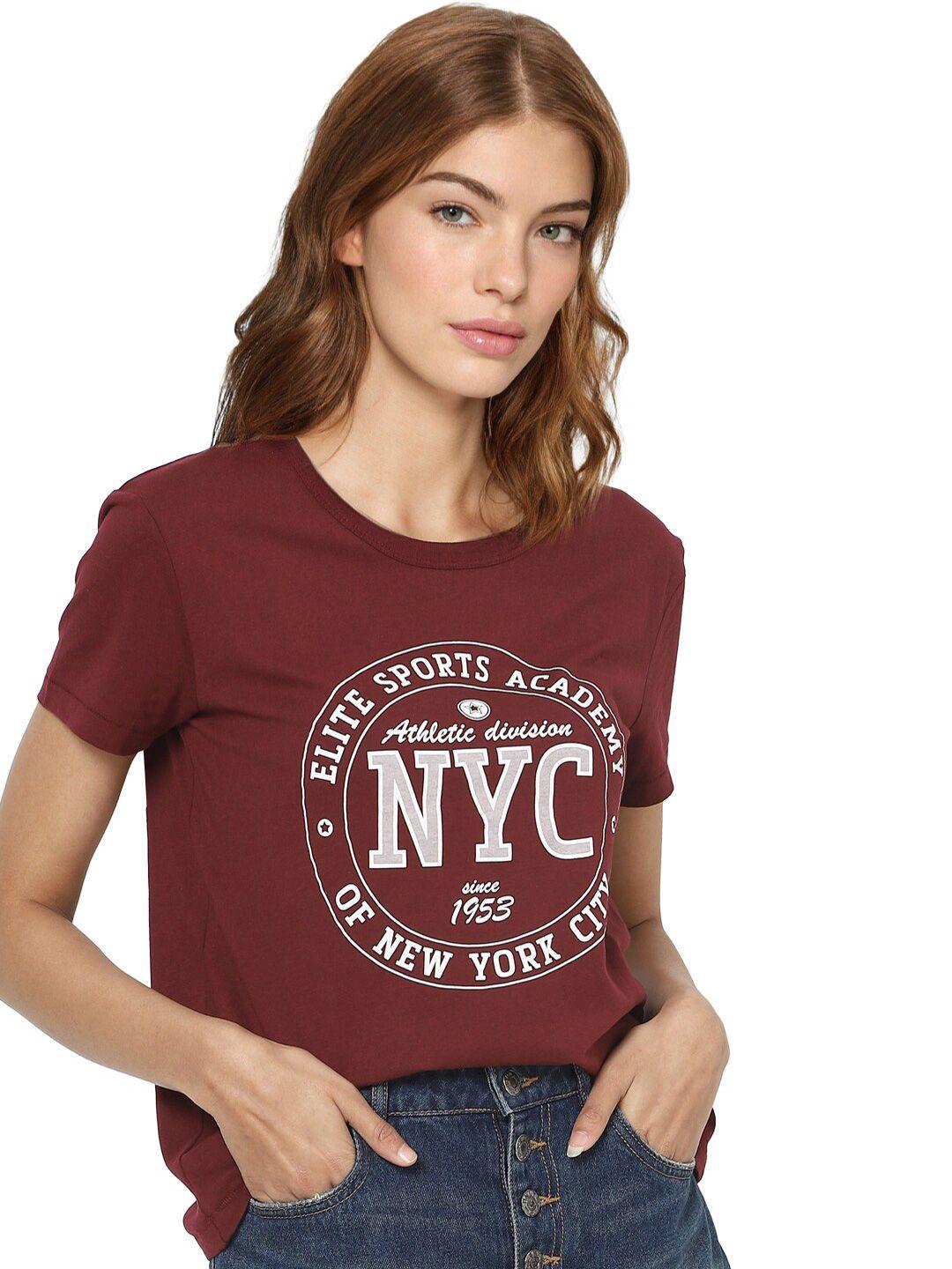ONLY Women Maroon & White Typography Printed Cotton T-shirt