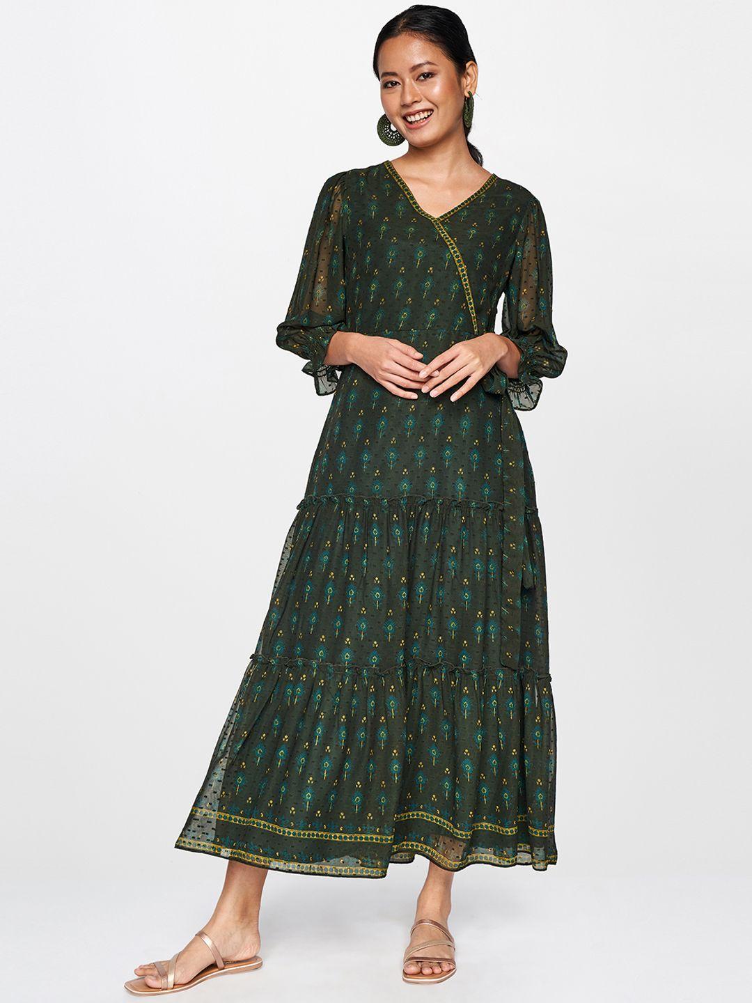 global-desi-women-green-&-blue-ethnic-motifs-printed-a-line-midi-dress