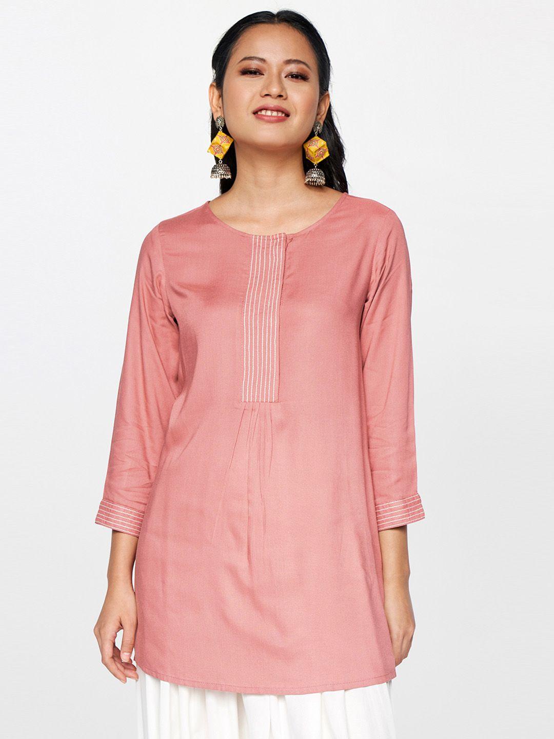 global-desi-pink-pleated-regular-longline-top-with-embroidery