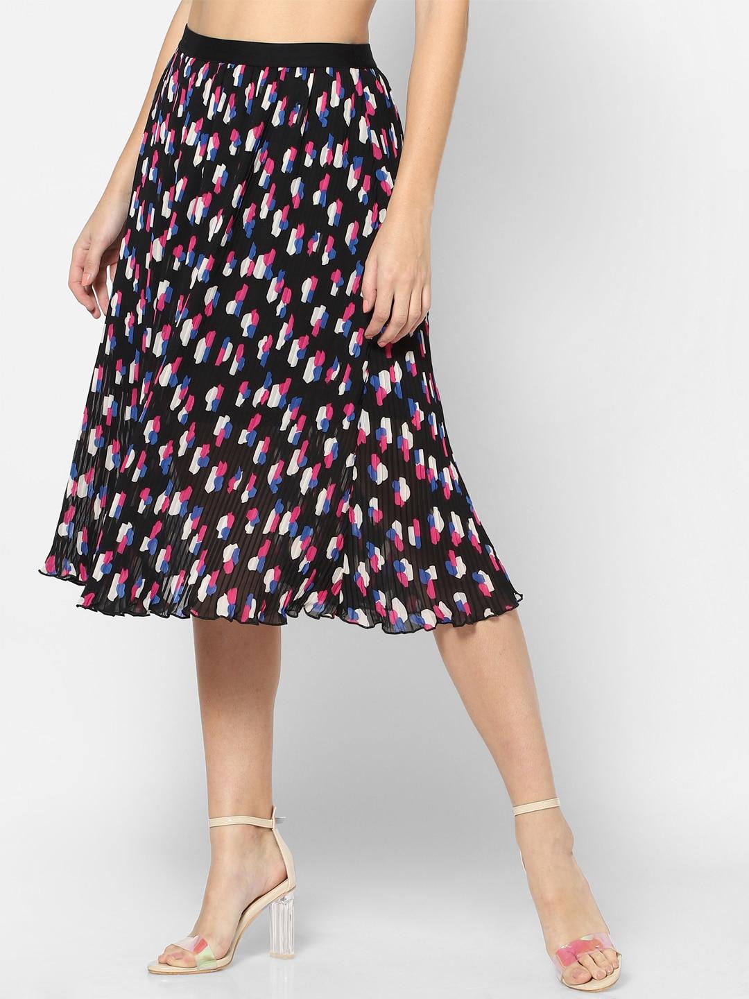 ONLY Women Black & Pink Printed A-Line Midi Skirt