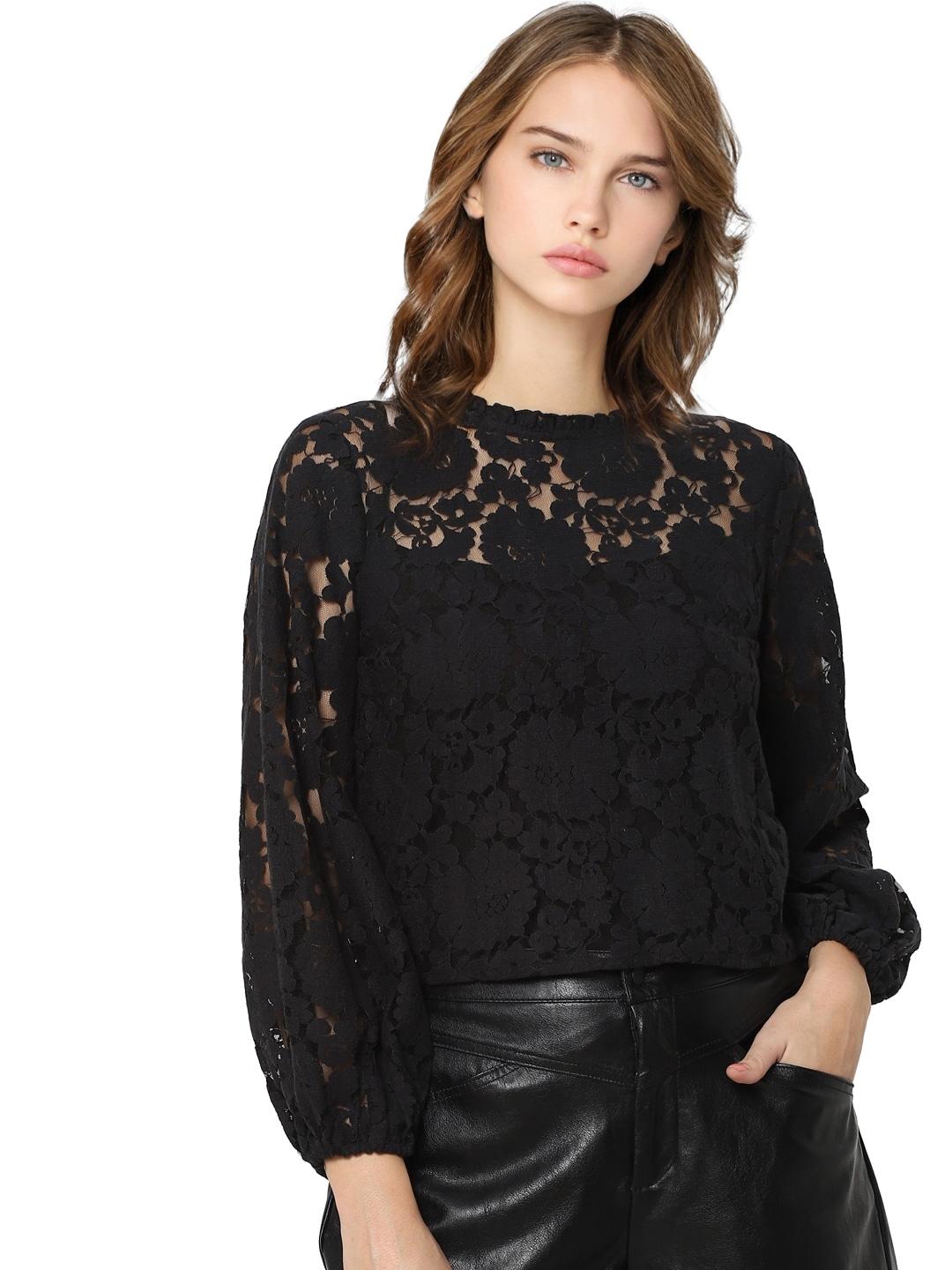 only-black-self-design-lace-inserts-top