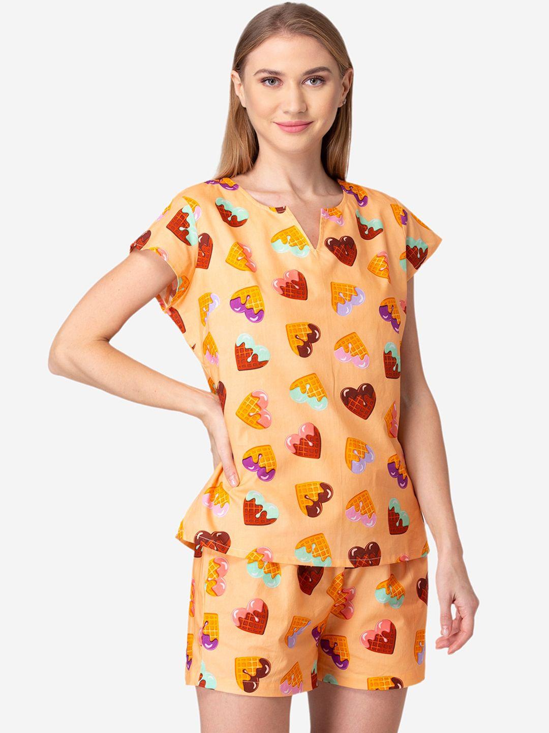 Fluffalump Women Peach-Coloured & Yellow Pure Cotton Printed Night suit