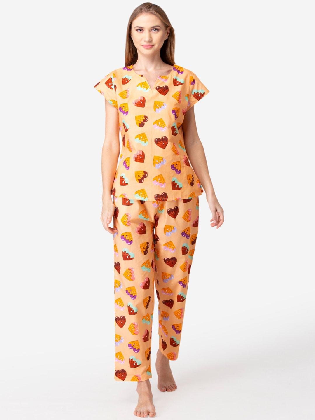 Fluffalump Women Peach-Coloured & Brown Printed Pure Cotton Night suit