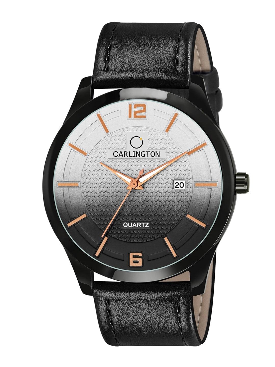 carlington-men-black-alloy-embellished-dial-&-black-leather-straps-analogue-watch
