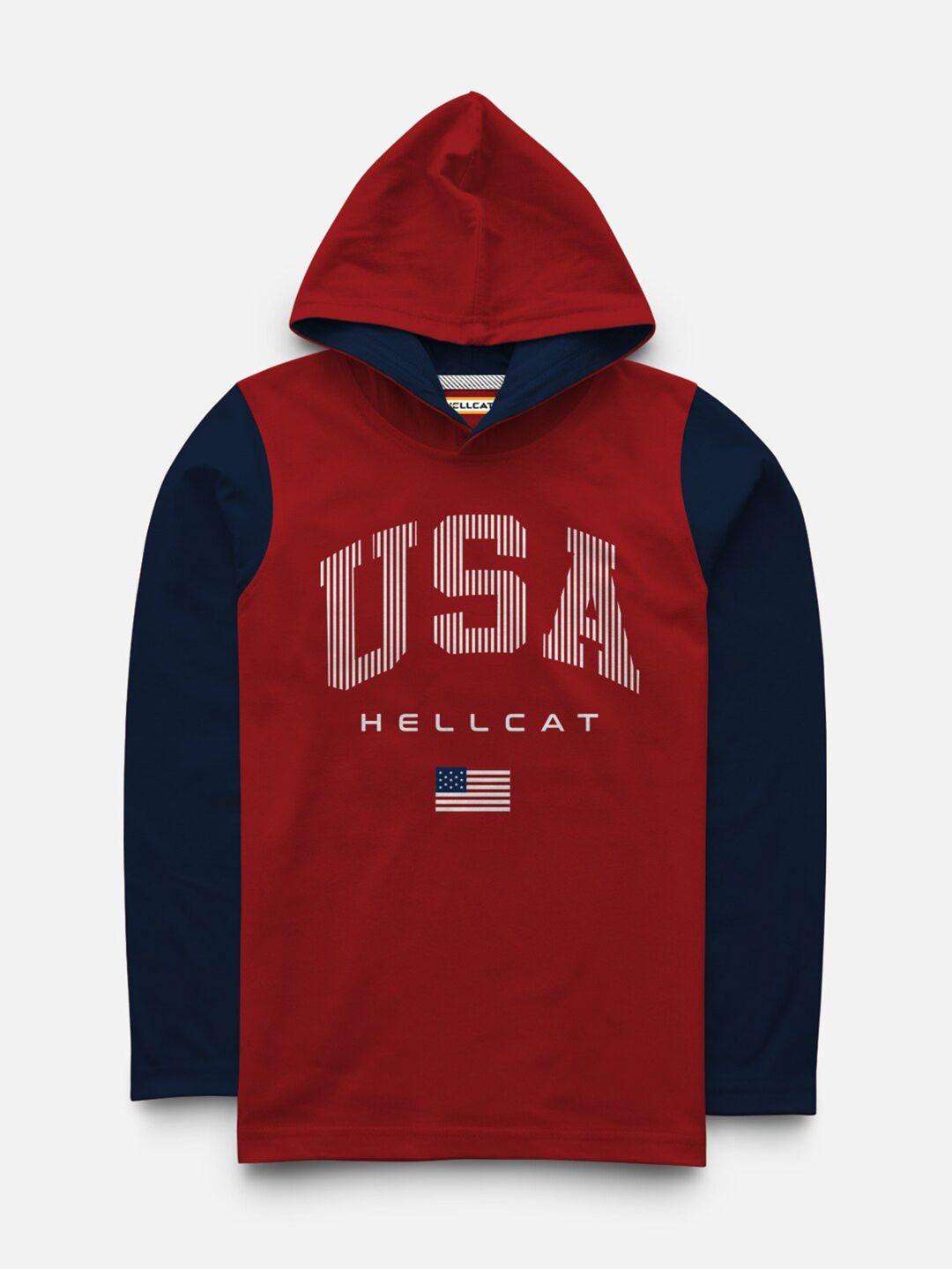 HELLCAT Boys Red & Navy Blue Printed Cotton T-shirt