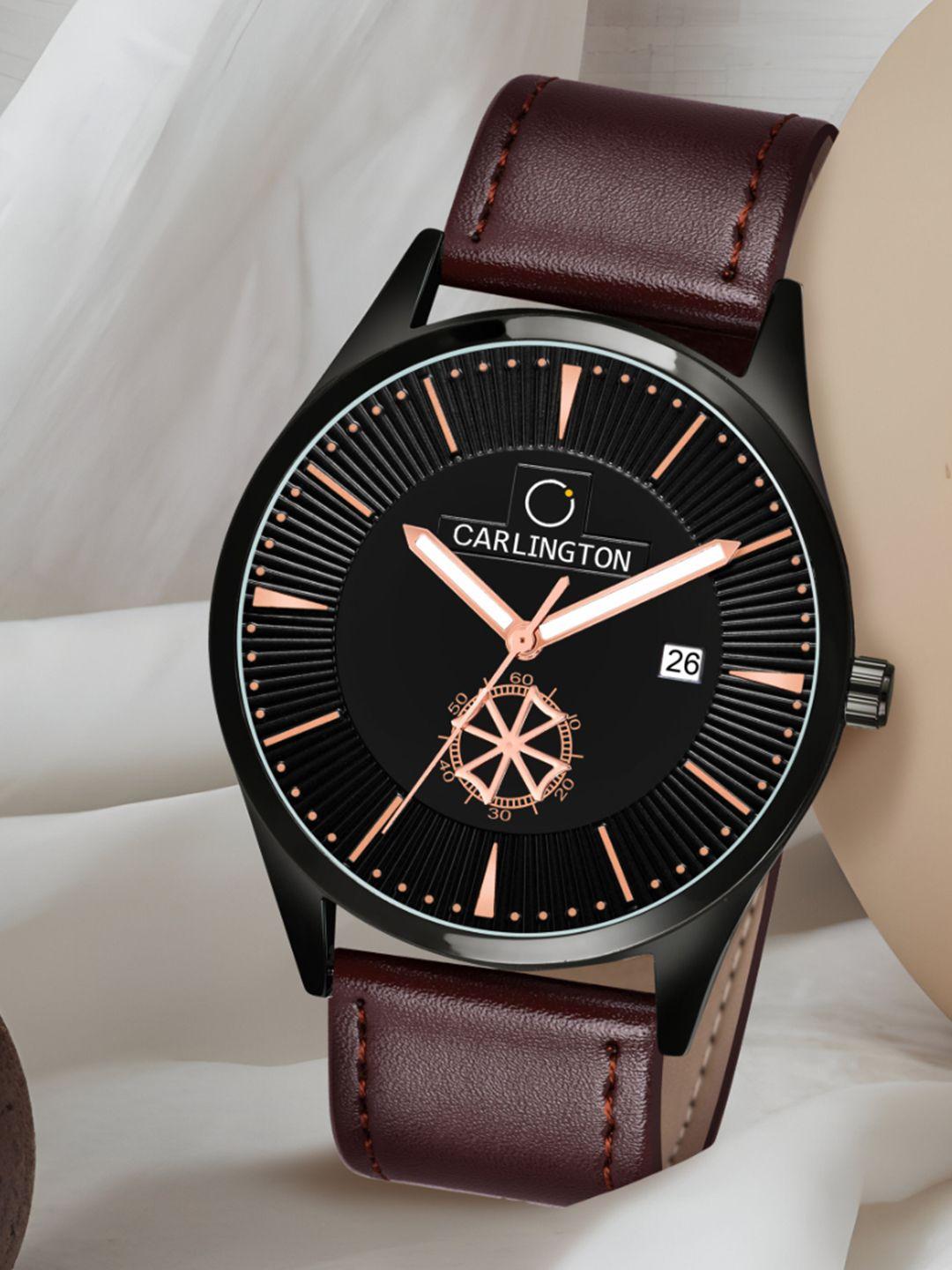 carlington-men-black-alloy-dial-&-brown-leather-straps-analogue-watch