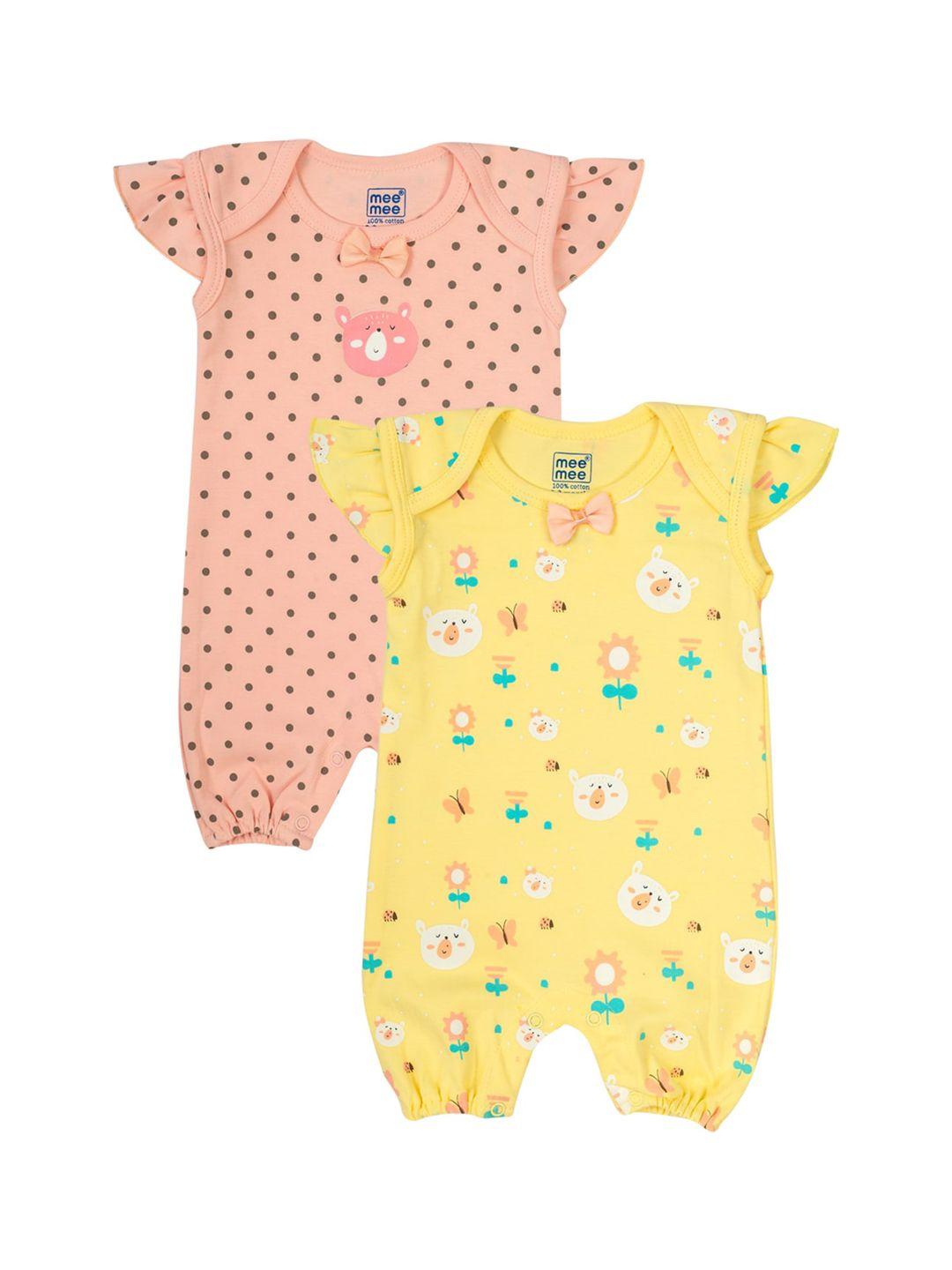 meemee-infant-girls-pack-of-2-yellow-&-white-printed-cotton-rompers