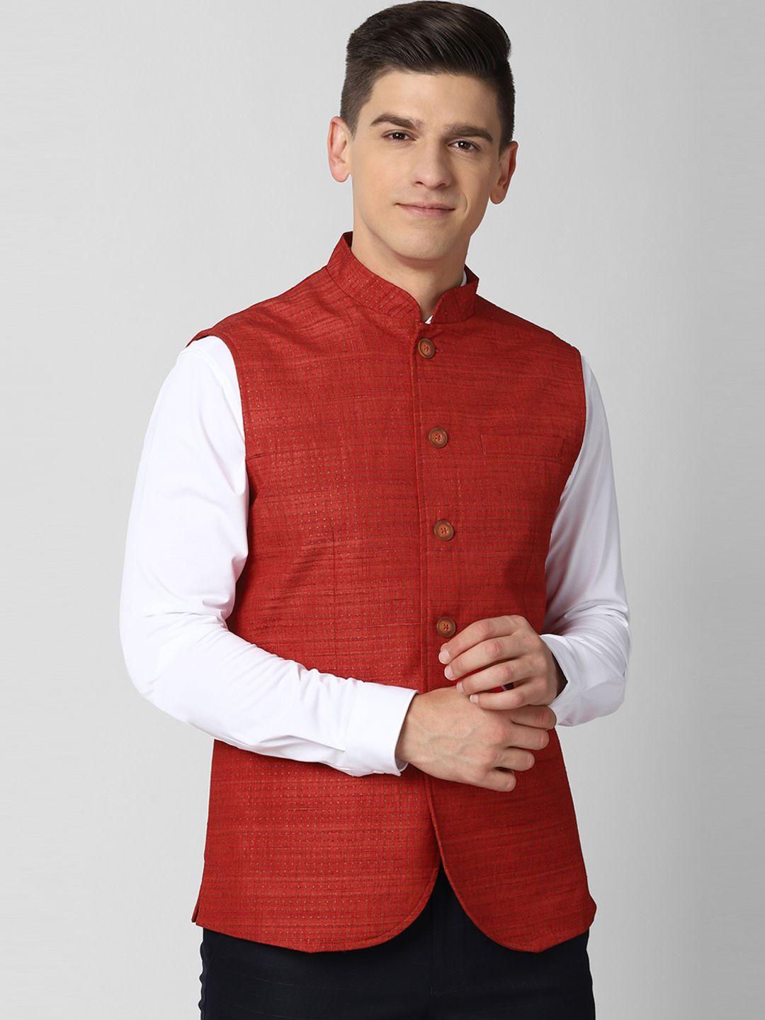 peter-england-elite-men-red-&-gold-coloured-printed-woven-nehru-jacket
