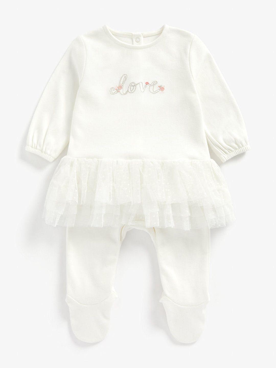 mothercare Girls White Full Sleeves Frock Style Embroidered Romper