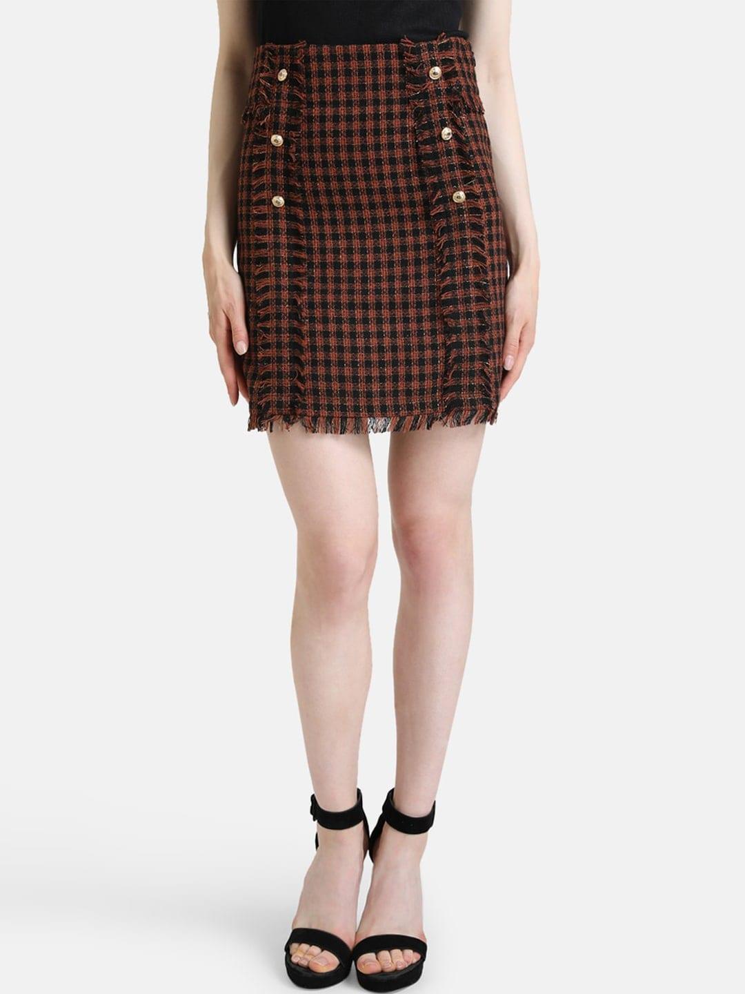 Kazo Women Brown & Black Checked Pencil Mini Skirt