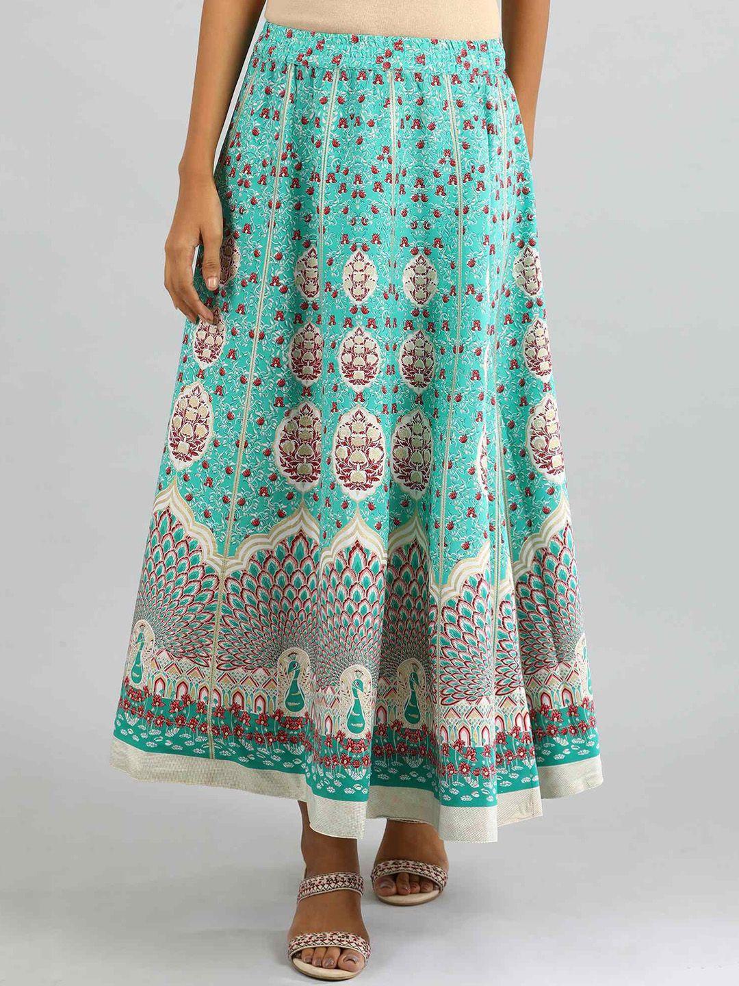AURELIA Women Green & Cream Ethnic Motifs Printed Flared Maxi Skirt