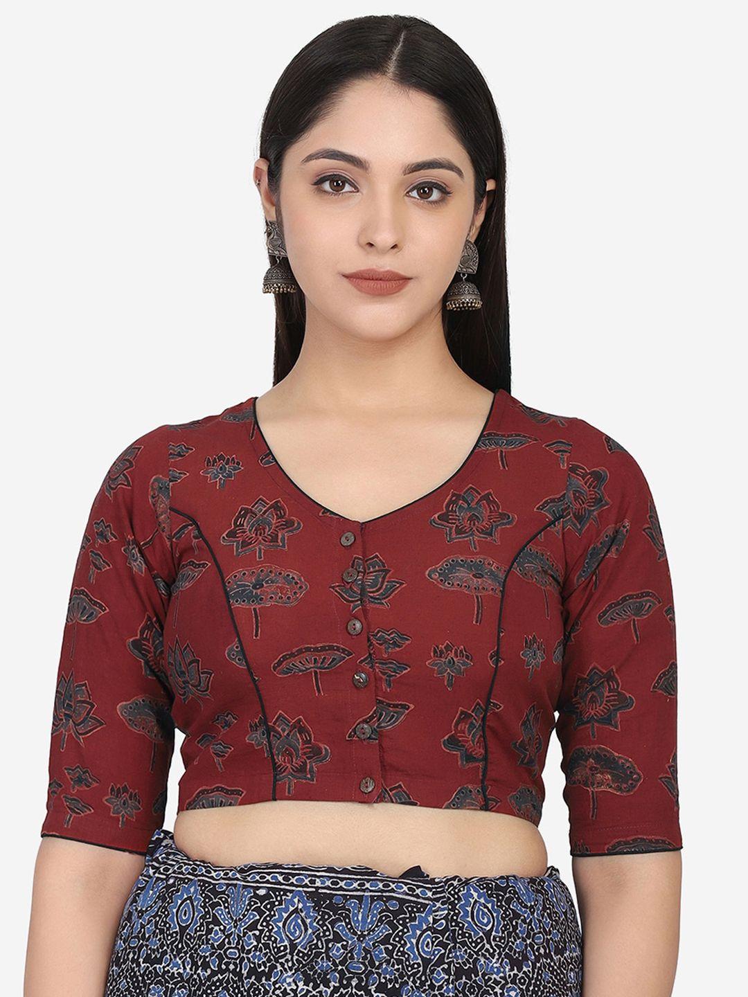 the-weave-traveller-women-maroon-&-blue-printed-cotton-saree-blouse