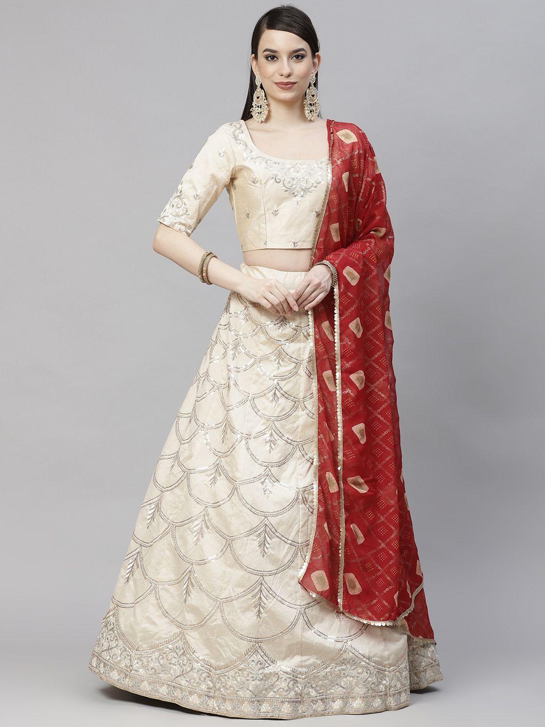 SHUBHKALA Beige & Red Embroidered Thread Work Semi-Stitched Lehenga & Unstitched Blouse With Dupatta