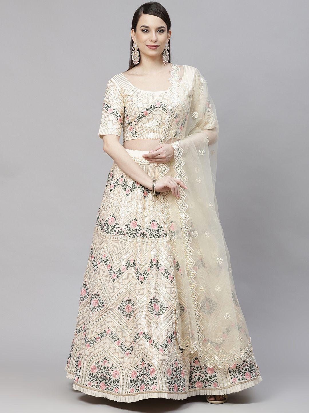 SHUBHKALA Off White & Embroidered Sequinned Semi-Stitched Lehenga & Unstitched Blouse With Dupatta