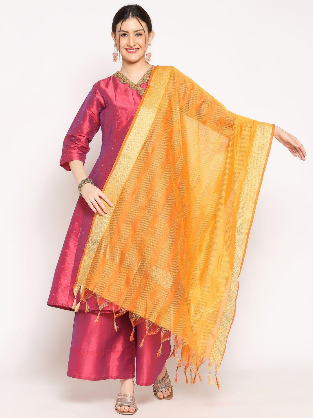 dupatta-bazaar-orange-&-gold-toned-striped-chanderi-dupatta-with-kantha-work