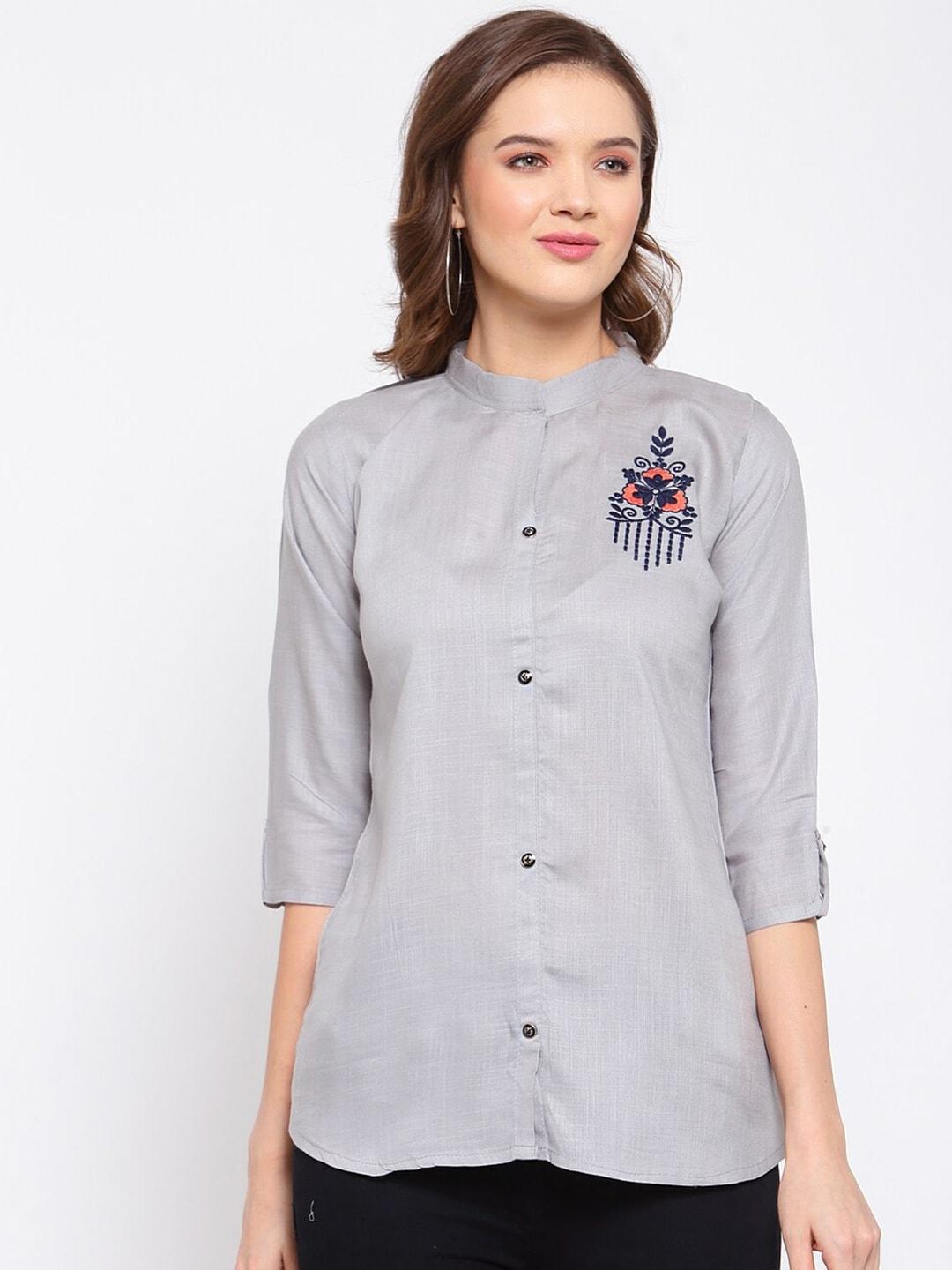 SERONA FABRICS Grey Band Collar Placement Print Shirt Style Top