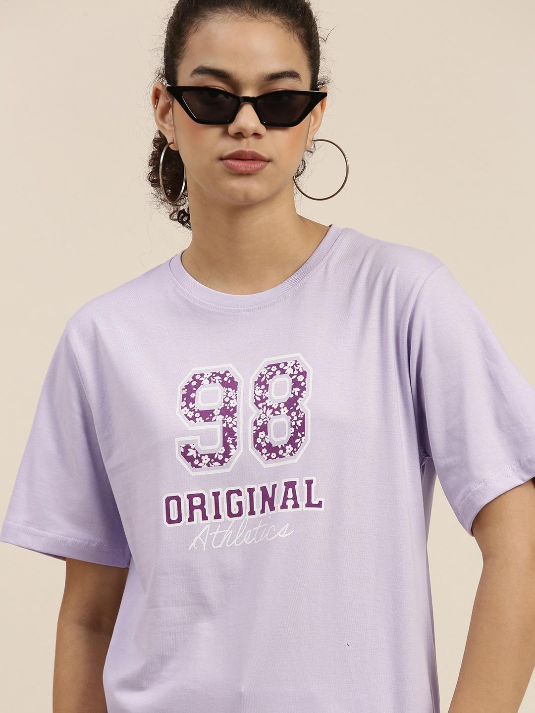 DILLINGER Women Lavender Typography Printed Loose T-shirt