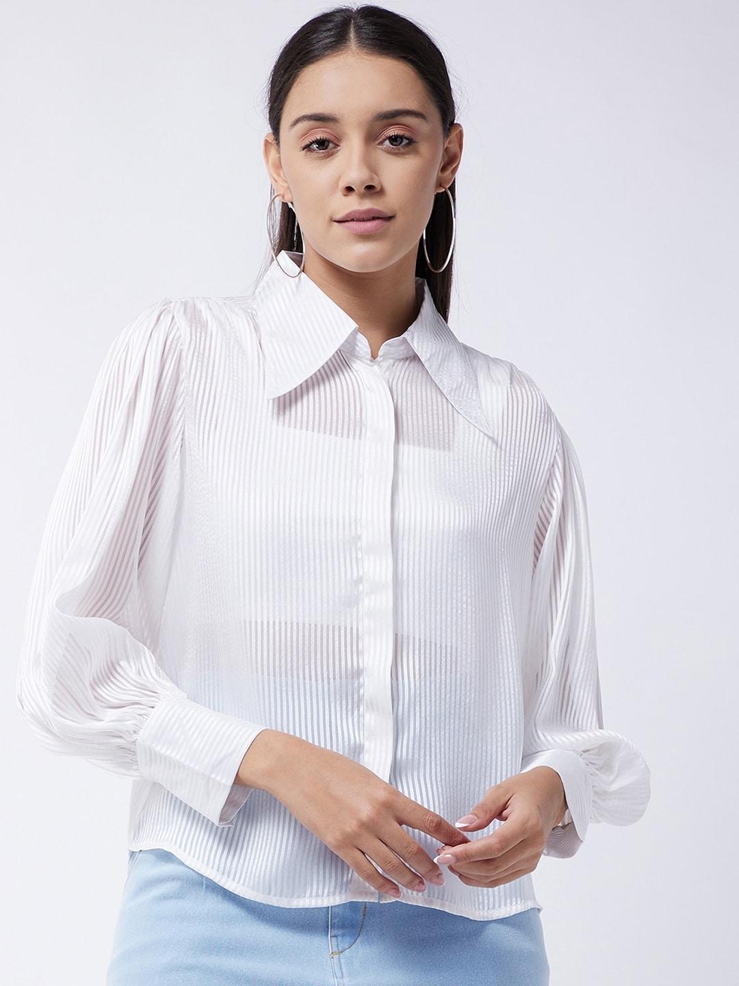 MAGRE Women White Opaque Striped Casual Shirt