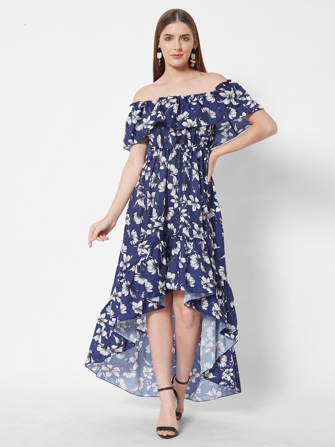 urbanic-blue-&-white-floral-off-shoulder-a-line-midi-dress