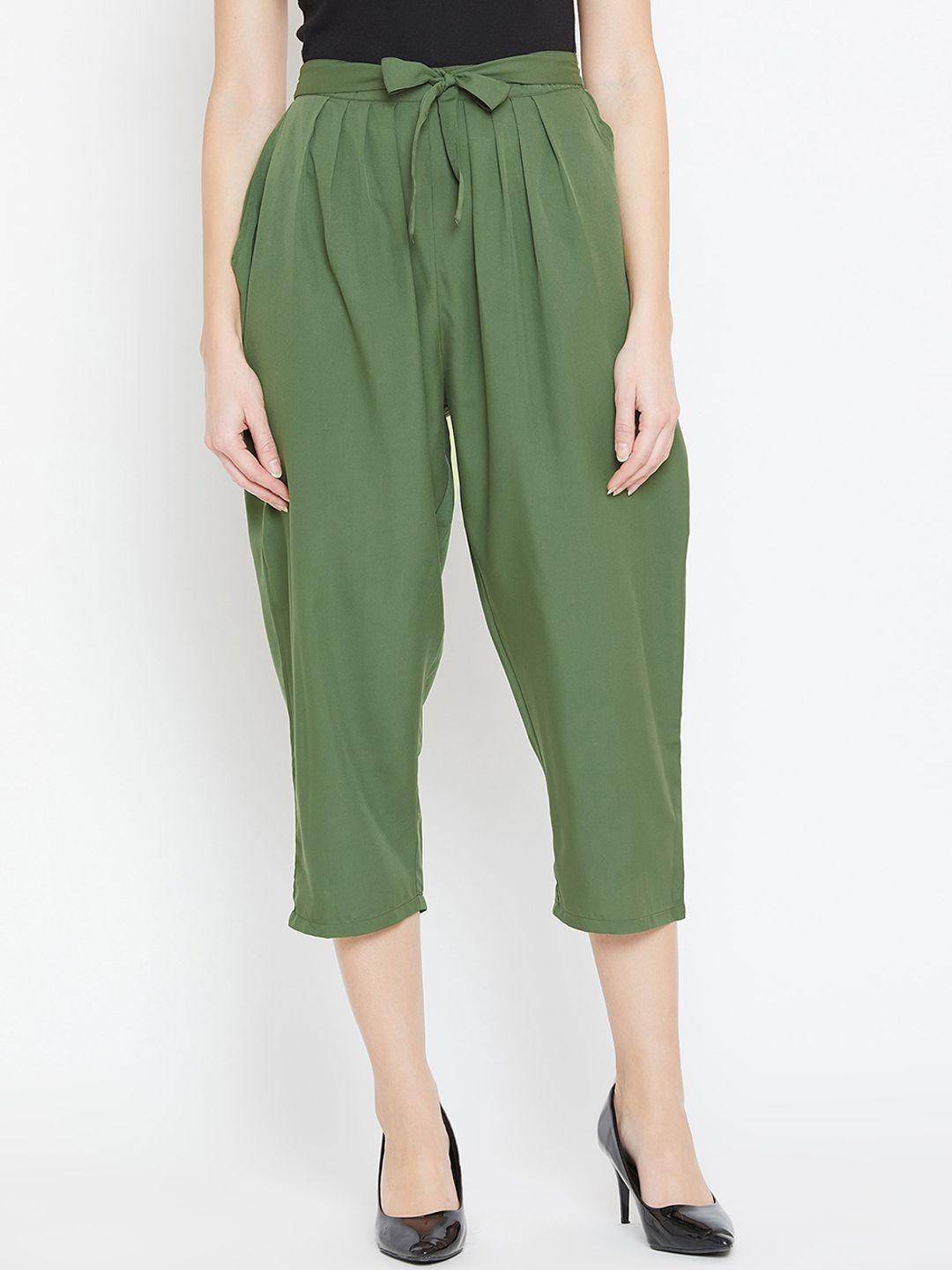 Bitterlime Women Olive Green Relaxed Loose Fit Easy Wash Pleated Culottes