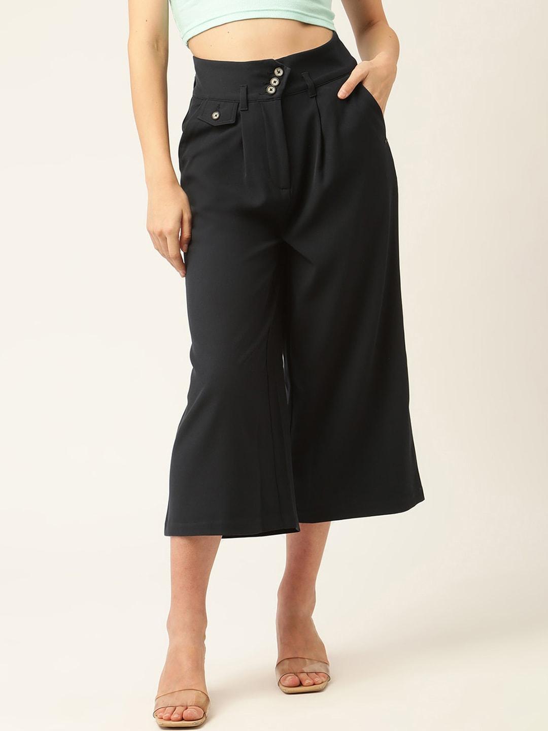 ELLE Women Navy Blue Straight Fit Pleated Culottes Trousers