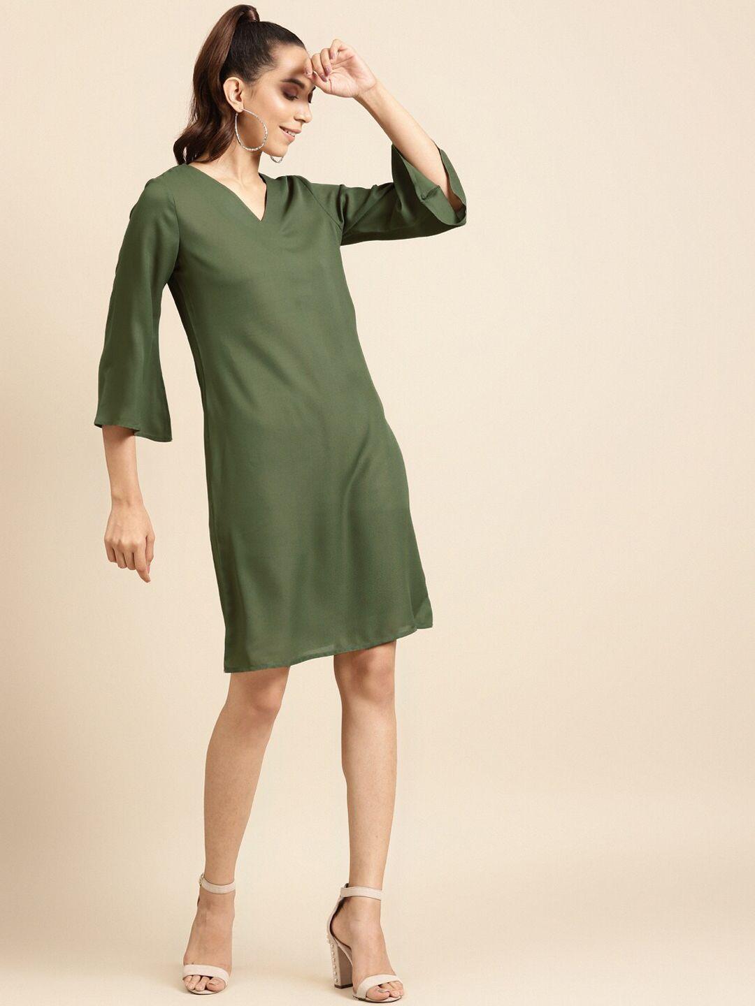 dodo-&-moa-women-green-solid-v-neck-fit-&-flare-dress