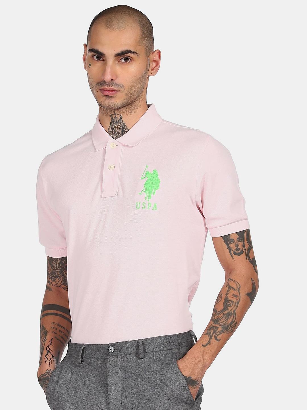 U.S. Polo Assn. Men Pink & Fluorescent Green Solid Polo Collar Cotton T-shirt