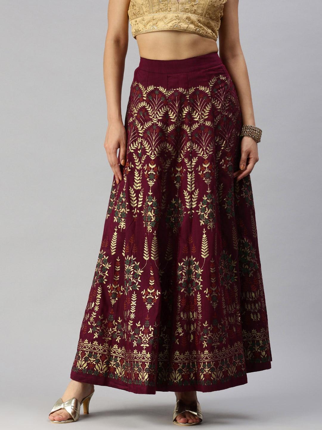 Global Desi Women Maroon  & Gold Printed Straight Skirt