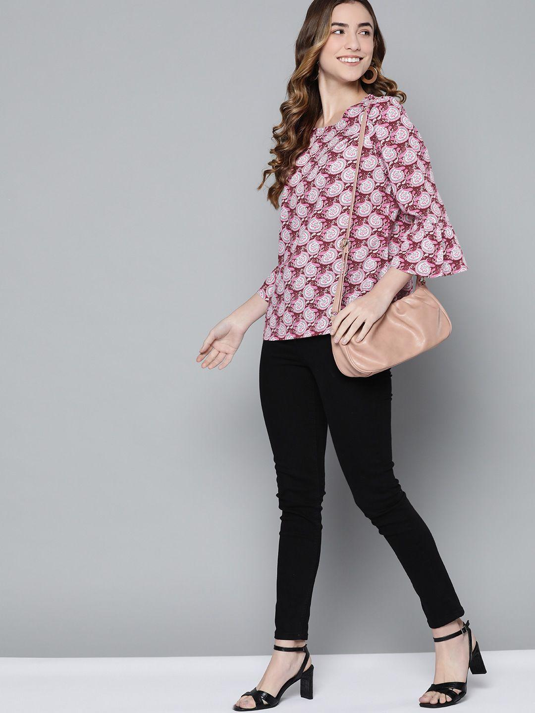 here&now-women-pink-&-white-print-round-neck-empire-top