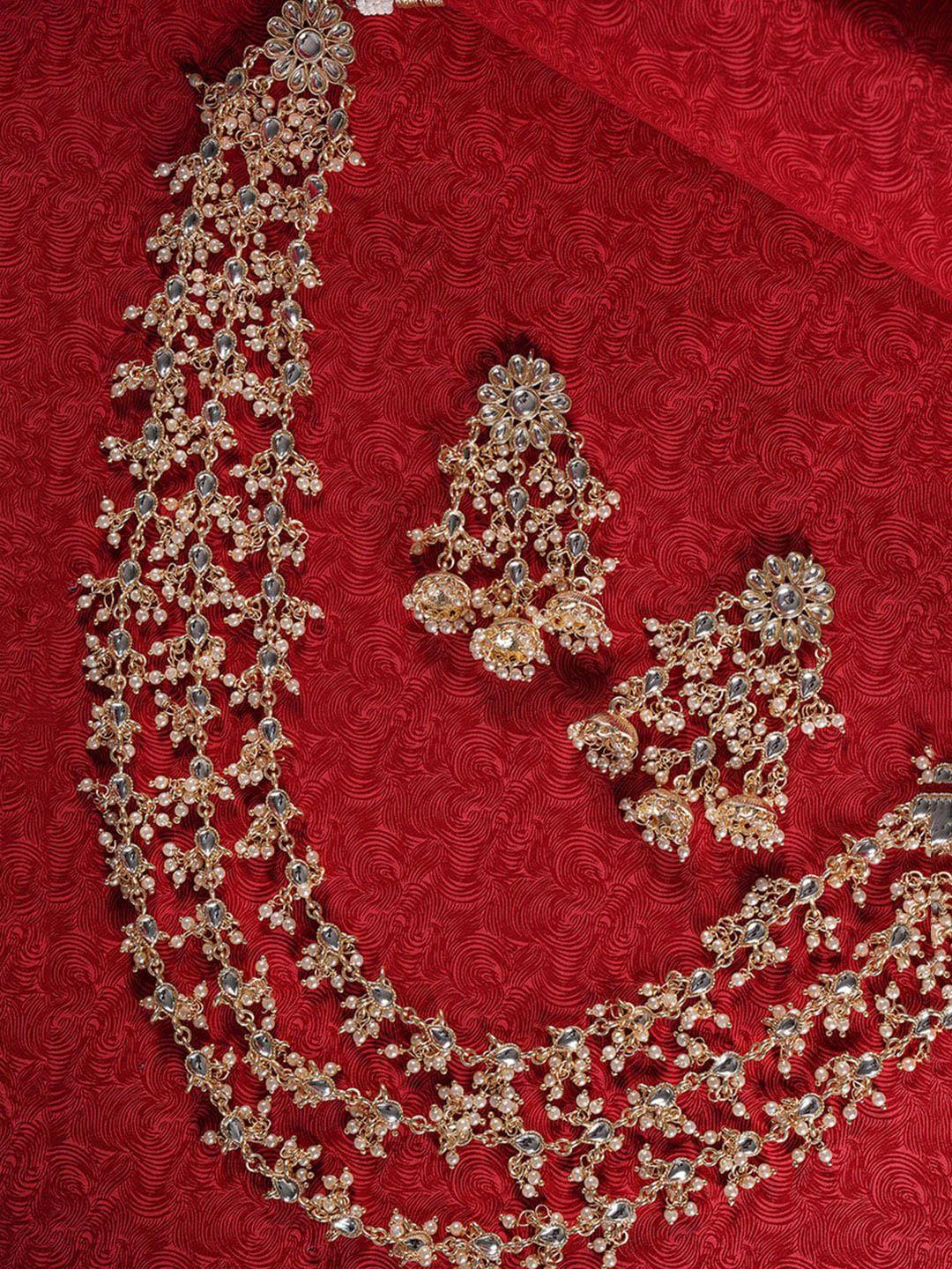 Shoshaa Gold-Plated White Kundan-Studded Beige Beaded Handcrafted Jewellery Set
