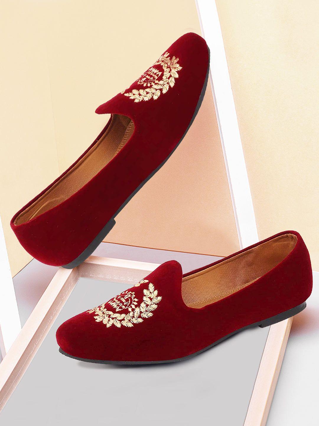 fausto-men-red-&-gold-toned-embroidered-velvet-loafers