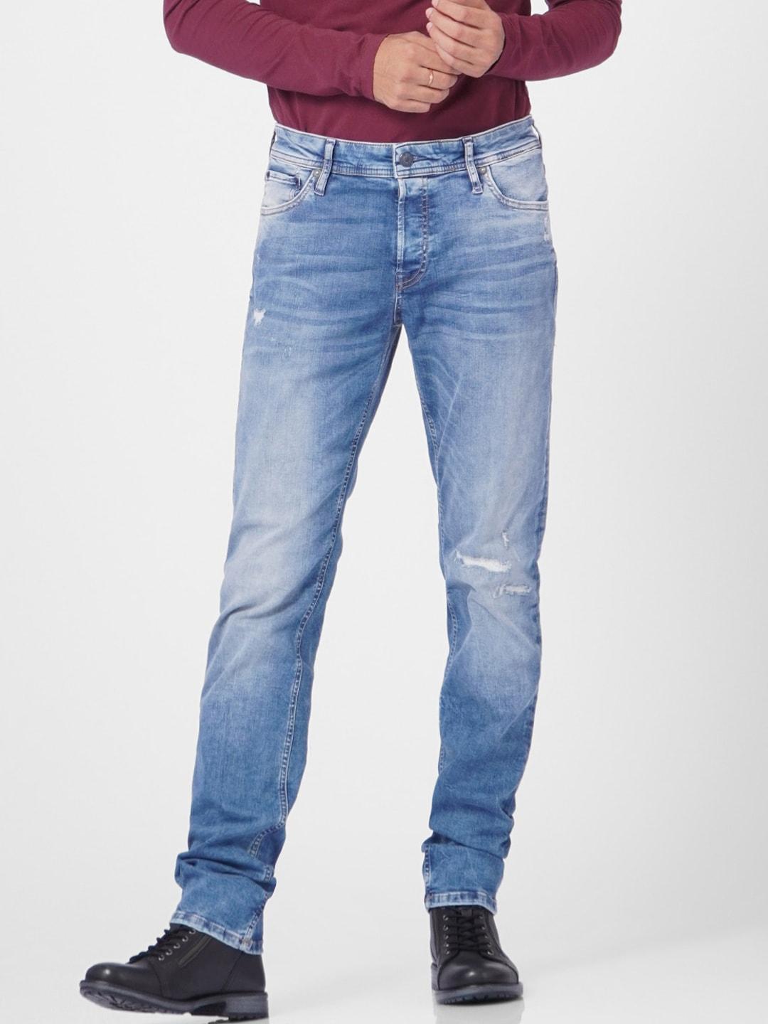 Jack & Jones Men Blue Slim Fit Low-Rise Cotton Mildly Distressed Heavy Fade Jeans